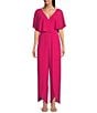 Kensie Chiffon Surplice V-Neck Short Flutter Sleeve Ruffle Overlay Wide Leg Jumpsuit, Color:Raspberry - Image 1