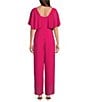 Kensie Chiffon Surplice V-Neck Short Flutter Sleeve Ruffle Overlay Wide Leg Jumpsuit, Color:Raspberry - Image 2