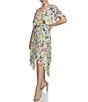 Color:Sage Floral - Image 3 - Crinkle Knit Floral Print Surplice Neck Short Flutter Sleeve Pleated Asymmetrical Mini Dress
