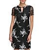 Color:Black Multi - Image 3 - Embroidered Lace Crew Neckline with Keyhole Short Sleeve Shift Dress
