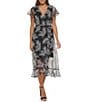 Color:Black/White - Image 1 - Embroidered Surplice V-Neck Short Sleeve Faux Wrap Dress