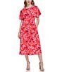 Color:Red Multi - Image 1 - Floral Boat Neckline Short Sleeve Smocked Waist A Line Midi Dress