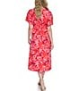 Color:Red Multi - Image 2 - Floral Boat Neckline Short Sleeve Smocked Waist A Line Midi Dress