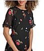 Color:Black - Image 3 - Floral Embroidered Round Keyhole Neck Short Ruffle Trim Sleeve Open Back Dress