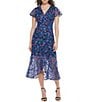 Color:Navy Multi - Image 1 - Floral Embroidered Lace V-Neck Short Sleeve Faux Wrap High-Low Midi Dress