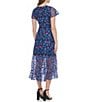 Color:Navy Multi - Image 2 - Floral Embroidered Lace V-Neck Short Sleeve Faux Wrap High-Low Midi Dress