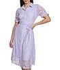 Color:Lilac - Image 3 - Floral Lace Button Front Collar Short Puff Sleeve Tie Waist Dress