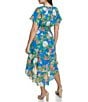 Color:Cobalt Multi - Image 2 - Floral V Neckline Short Sleeve Smocked Waist Asymmetrical Hem Midi Dress