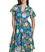 Color:Cobalt Multi - Image 4 - Floral V Neckline Short Sleeve Smocked Waist Asymmetrical Hem Midi Dress