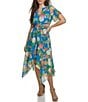 Color:Cobalt Multi - Image 5 - Floral V Neckline Short Sleeve Smocked Waist Asymmetrical Hem Midi Dress