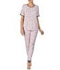 Color:Pink/Heart - Image 1 - Knit Heart Print Short Sleeve Round Neck Top & Jogger Pajama Set