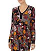 Color:Black/Multi - Image 1 - Knit Patchwork Floral Print Long Sleeve V-Neck Coordinating Sleep Top