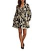 Kensie Long Sleeve V- Neck Floral Jacquard Organza Mini Dress, Color:Black Gold - Image 1