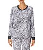 Color:Grey Print - Image 1 - Marble Texture Print Cloud Jersey Knit Long Sleeve Henley Coordinating Sleep Top