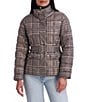 Kensie Matte Cire Belted Plaid Quilt Zip Front Puffer Jacket - Image 1