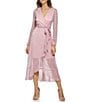 Color:Pink - Image 1 - Metallic Faux Wrap Long Sleeve Crinkle Knit Sheer Overlay Surplice V-Neck Ruffle Hem Midi Dress