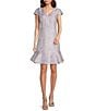 Color:Lilac - Image 1 - Metallic Jacquard V Neckline Short Sleeve Flounce Hem Shift Dress