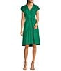 Color:Tropical Green - Image 1 - Pleated Shoulder V-Neck Cotton Poplin A-Line Dress