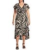 Kensie Plus Size Printed Ruffled V-Neck Short Sleeve Wrap Midi Dress, Color:Black/Bone - Image 1