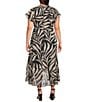 Kensie Plus Size Printed Ruffled V-Neck Short Sleeve Wrap Midi Dress, Color:Black/Bone - Image 2