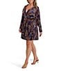 Kensie Plus Size Printed Satin Charmeuse Long Sleeve A-Line Belted Dress, Color:Navy/Multi - Image 3