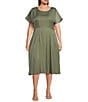 Kensie Plus Size Short Sleeve A-Line Woven Midi Dress, Color:Sage - Image 1