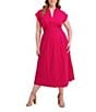 Kensie Plus Size Striped Woven Collared V-Neckline Short Sleeve A-Line Midi Dress, Color:Pink - Image 1