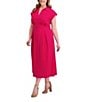 Kensie Plus Size Striped Woven Collared V-Neckline Short Sleeve A-Line Midi Dress, Color:Pink - Image 3