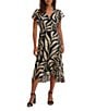 Kensie Printed Burnout Chiffon V-Neck Short Flutter Sleeves Ruffle A-Line Midi Dress, Color:Black/Bone - Image 1