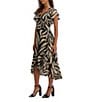Kensie Printed Burnout Chiffon V-Neck Short Flutter Sleeves Ruffle A-Line Midi Dress, Color:Black/Bone - Image 3