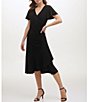 Color:Black - Image 1 - Ruched Waist Faux Wrap Surplice V-Neck Short Flutter Sleeve Midi Dress
