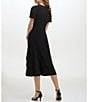 Color:Black - Image 2 - Ruched Waist Faux Wrap Surplice V-Neck Short Flutter Sleeve Midi Dress