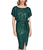Color:Emerald - Image 3 - Sequin Lace Boat Neckline Short Sleeve Blouson Dress