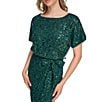 Color:Emerald - Image 4 - Sequin Lace Boat Neckline Short Sleeve Blouson Dress