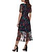 Color:Black Multi - Image 2 - Short Puffed Sleeve Faux Wrap Embroidered Midi Dress