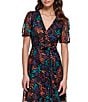 Color:Black Multi - Image 3 - Short Puffed Sleeve Faux Wrap Embroidered Midi Dress