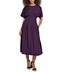 Kensie Short Sleeve Smocked Waist A-Line Midi Dress, Color:Eggplant - Image 1