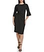 Color:Black - Image 1 - Stretch Boat Neckline Mid Length Bell Sleeve Twist Waist Faux Wrap Skirt Sheath Dress