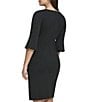 Color:Black - Image 2 - Stretch Boat Neckline Mid Length Bell Sleeve Twist Waist Faux Wrap Skirt Sheath Dress