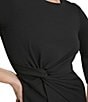 Color:Black - Image 3 - Stretch Boat Neckline Mid Length Bell Sleeve Twist Waist Faux Wrap Skirt Sheath Dress