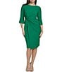 Color:Tropical Green - Image 1 - Stretch Boat Neckline Mid Length Bell Sleeve Twist Waist Faux Wrap Skirt Sheath Dress