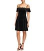 Color:Black - Image 1 - Stretch Velvet Off-the-Shoulder Applique Fit and Flare Dress