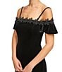 Color:Black - Image 3 - Stretch Velvet Off-the-Shoulder Applique Fit and Flare Dress