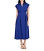 Kensie Stripe Cotton Point Collar V-Neck Cap Dolman Sleeve Smocked Pleated Midi A-Line Dress, Color:Cobalt - Image 1