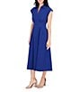Kensie Stripe Cotton Point Collar V-Neck Cap Dolman Sleeve Smocked Pleated Midi A-Line Dress, Color:Cobalt - Image 3