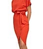Color:Burnt Orange - Image 4 - Textured Knit Boat Neck Self-Tie Waist Faux Wrap Blouson Dress