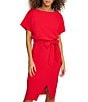 Kensie Textured Knit Boat Neck Self-Tie Waist Faux Wrap Blouson Dress, Color:Poppy - Image 3