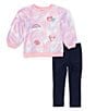 Color:Assorted - Image 1 - Little Girls 2T-4T Long Sleeve Patch-Detailed Tie-Dye French Terry Sweatshirt & Denim-Look Knit Leggings Set