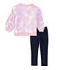 Color:Assorted - Image 2 - Little Girls 2T-4T Long Sleeve Patch-Detailed Tie-Dye French Terry Sweatshirt & Denim-Look Knit Leggings Set