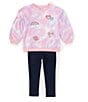 Color:Assorted - Image 3 - Little Girls 2T-4T Long Sleeve Patch-Detailed Tie-Dye French Terry Sweatshirt & Denim-Look Knit Leggings Set